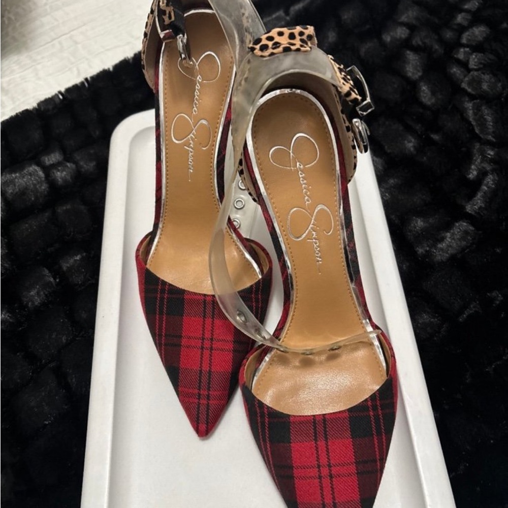 Jessica Simpson Red Plaid Pointed-Toe Slingbacks with Leopard Accent